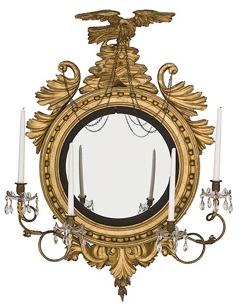 With all its adornments, this early 1800s girandole convex mirror is expected to sell for $4,000-$6,000. It is 40 inches high by 29 inches wide. Image courtesy of Cowan’s Auctions.