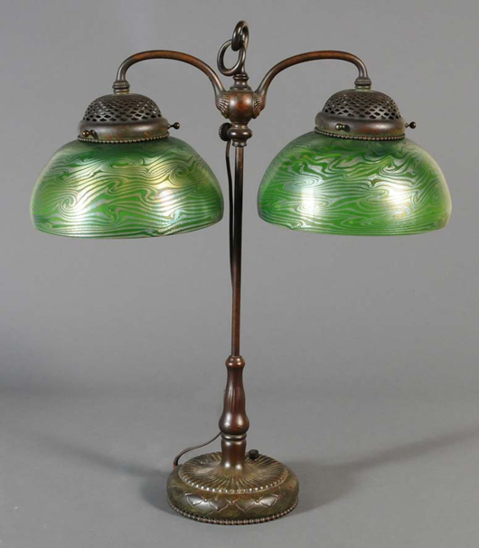 Tiffany Studios double student lamp with damascene shades. Image courtesy of Fairfield Auction.