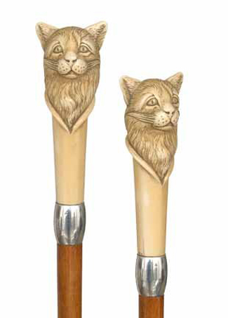 Two views of ivory cat cane. Estimate $2,000-$3,000. Image courtesy Kimball M. Sterling.