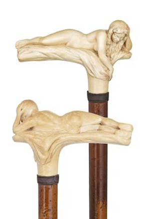 French ivory cane with handle carved in the shape of a reclining nude woman. Estimate $3,000-$5,000. Image courtesy Kimball M. Sterling.  