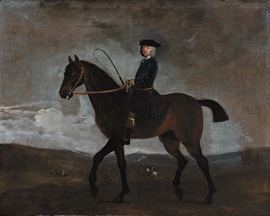 Peter Tillemans (Flemish, active England, 1684-1734) painted ‘A Squire on Horseback, at the Edge of a Hunt’ on a large canvas. The framed painting is signed and has a $5,000-$7,000 estimate. Image courtesy Neal Auction Co.