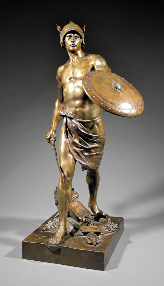 Standing 34 1/2 inches high, this French bronze titled ‘Pro-Jure: A Gallic Warrior Victorious over the Roman Legion’ is expected to sell for $5,000-$7,000. Image courtesy Neal Auction Co.