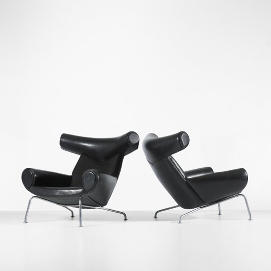 These Hans Wegner Ox lounge chairs are 38 inches wide by 28 inches deep by 34 inches high. AP Stolen of Denmark began manufacturing the iconic armchairs in 1960. The pair carries a $30,000-$40,000 estimate. Image courtesy of Wright.