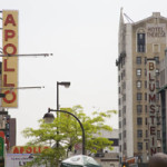 The site of the proposed National Jazz Museum is across from the Apollo Theater in Harlem, shown in this photograph. In the background, the Hotel Theresa is visible, as is Blumstein's department store, the first business along 125th Street to employ blacks as salespeople. Photo by Stern, 2006, licensed under the Creative Commons Attribution-ShareAlike 2.5 License.