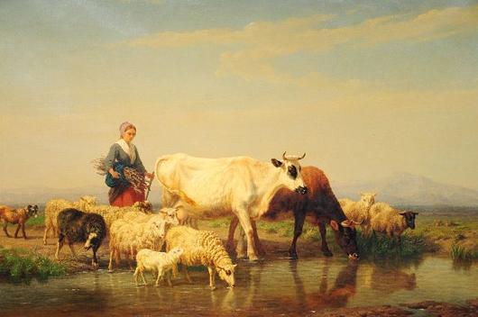 Edmond Jean-Baptiste Tschaggeny (Belgian, 1818-1873) pastoral scene, oil on canvas, signed lower right, dated 1868, 30 inches high by 44 inches wide, estimate: $7,000-$9,000. Image courtesy of Gray’s Auctioneers & Appraisers.