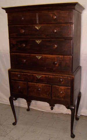 This Queen Anne period American tiger maple highboy in original finish came from a Virginia estate. Dating to the mid-18th century, the highboy has a $6,500-$10,000 estimate. Image courtesy of Bobby Langston Antiques.