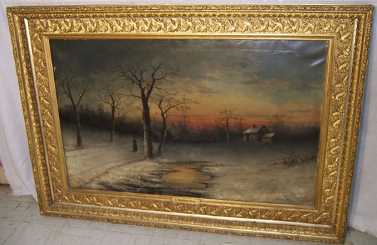 ‘R.A. Parker’ is clearly signed on this oil on canvas painting titled ‘A Winter’s Day.’ The painting is 58 1/2 inches by 41 inches.’ It has a $2,000-$3,000 estimate. Image courtesy of Bobby Langston Antiques.