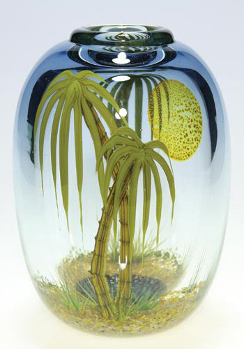 Mark Peiser created the decoration for this 1979 paperweight vase using Wisteria blue glass. The 9 1/2-high signed vase has a $10,000-$15,000 estimate. Image courtesy of the Auctions at Rookwood.