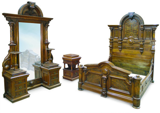 Estimated to achieve $12,000 on the high side, the monumental walnut and walnut burl American Renaissance Revival bedroom suite sold for $18,960. Image courtesy of Clars Auction Gallery.
