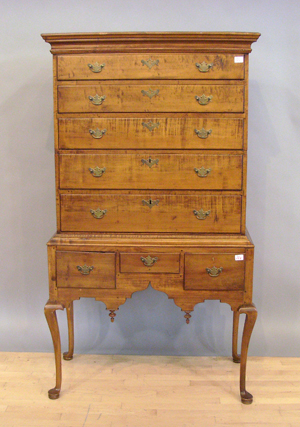 New England Queen Anne maple highboy, circa 1765, 69 1/2 inches high by 35 inches wide. Image courtesy of Pook & Pook Inc.
