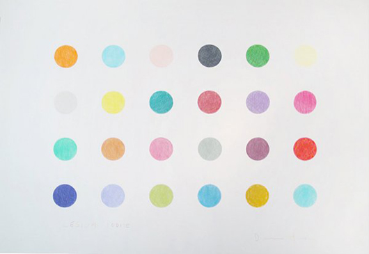 Damien Hirst, Cesium Iodide, 2009, colored pencil on paper, 32 x 45 inches sight, signed and titled in colored pencil on recto. Estimate $150,000 - $200,000.