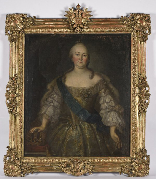 Elizabeth Petrovna reigned as the empress of Russia from 1709 to 1761. She is depicted in this early 19th-century Russian portrait, which sold for $38,837.50. Image courtesy of Dallas Auction Gallery.