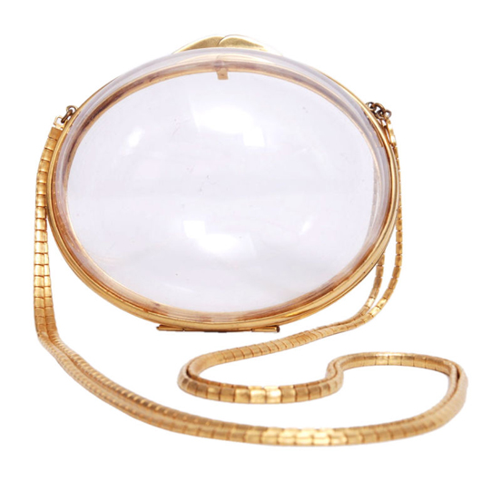Measuring just 6 inches by 5 inches, this Judith Leiber gold tone metal and Lucite bag is early and rare. Photo credit: P.S. (Post Script).