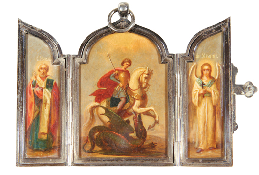 Russian miniature silver triptych travel icon, arched form, central panel depicting St. George. Estimate $4,000-$6,000. Image courtesy Gene Shapiro Auctions.
