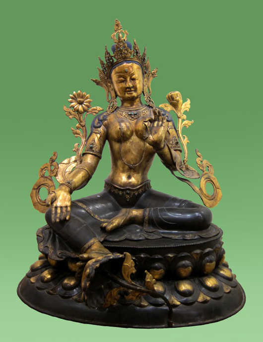 Magnificent 19th-century Sino-Tibetan gilt and patinated bronze Green Tara, 42 inches tall, estimate: $18,000-$25,000. Image courtesy of Golden Gate Auction Gallery.