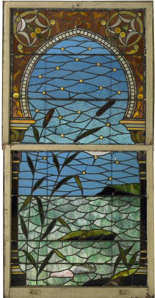 Stained-glass double-hung window with cattails in Moorish setting, 19th/20th century. Some losses to glass. Estimate  $500-$700. Rago Auctions’ June 19 Estate sale. Image courtesy Rago’s.