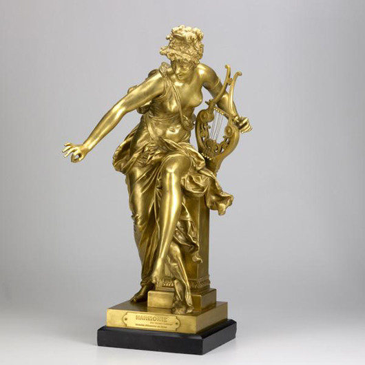 Albert-Ernest Carrier-Belleuse (French, 1824-1887), Tiffany & Co., dore bronze sculpture of a female lute player, late 19th century, marked, 27 inches tall. Estimate $6,000-$8,000. Rago Auctions’ June 19 Estate sale. Image courtesy Rago’s.