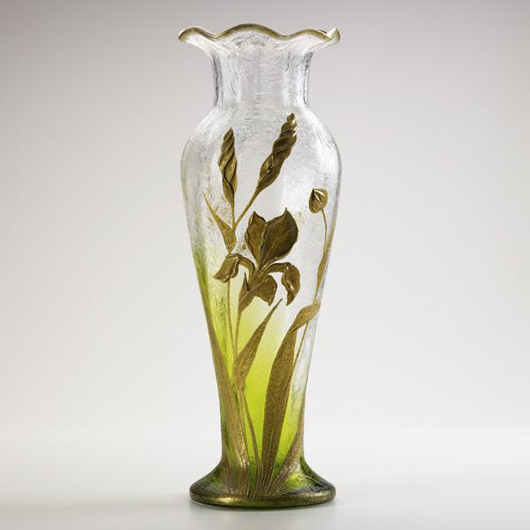 Mont Joye tall vase with gold-enameled relief irises on etched ground, 16 1/4 inches. Estimate $300-$500. Rago Auctions’ June 18 Discovery sale. Image courtesy Rago’s.