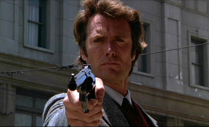 Screenshot of Clint Eastwood in the role of Harry Callahan from the DVD version of the 1971 film Dirty Harry. Fair use of low-resolution image under conditions of United States copyright law.