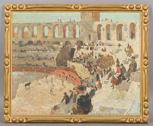 A 1930s letter from Gustave D. Riquet (France, 1866-1937) accompanies his painting of a bullfight. The oil on canvas, which measures 29 inches by 35 1/2 inches, has a $2,000-$4,000 estimate. Image courtesy of Kamelot Auctions.
