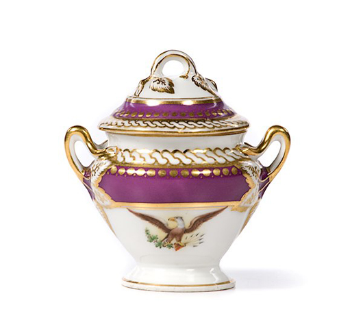 Dessert sugar bowl from the first Lincoln White House, French, circa 1861 Haviland/Limoges. Property of the Heir of Robert Todd Lincoln Beckwith (1904-1985) and Margaret Fristoe (1901-2009). Estimate $8,000-$10,000. Image courtesy LiveAuctioneers.com and Cowan’s Auctions.
