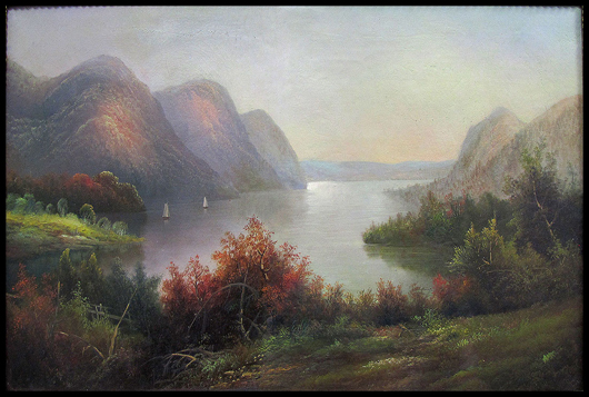 This American School oil on canvas of a ‘View of the Hudson River Narrows from Cornwall, N.Y.’ measures 22 inches by 26 inches. It has a $1,000-$1,500 estimate. Image courtesy of William Jenack Estate Appraisers and Auctioneers.