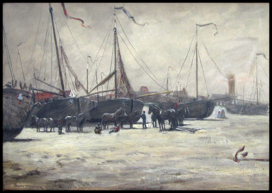 Addison T. Miller’s watercolor and gouache is titled, ‘Katwijk Oun Zee.’ It carries an $1,800-$2,500 estimate. Image courtesy of William Jenack Estate Appraisers and Auctioneers.