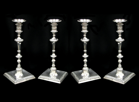 Tiffany & Co. sterling silver candlesticks after E. Coker, London, are estimated at   $1,000-$2,000 per pair. Image courtesy of William Jenack Estate Appraisers and Auctioneers.
