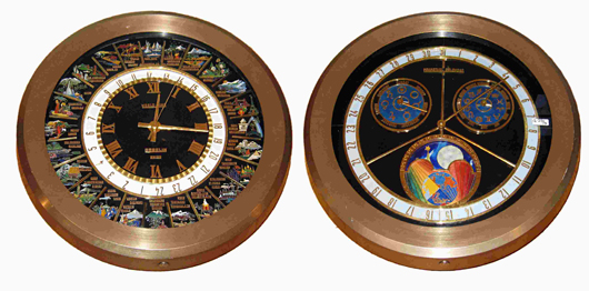 Rare and fine set of twin world time and perpetual calendar clocks by the Swiss maker Gubelin.