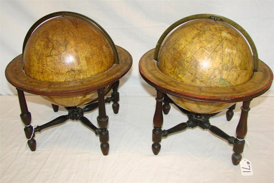These table globes made and sold by W. Bardin, London, will be sold separately. The 19th-century celestial globe, approximately 9 inches in diameter, has a $2,000-$3,000 estimate. The similar 18th-century terrestrial globe is estimated at $2,500-$3,500. Image courtesy of Professional Appraisers and Liquidators LLC Antique Auctions.