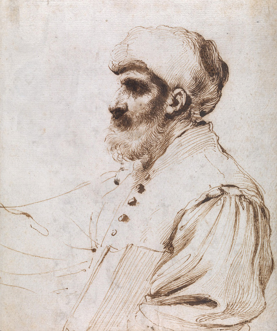 This work in pen and brown ink by Giovanni Francesco Barberini, called Guercino (1591-1666), entitled 'Man in Profile Holding a Book,' is on display with Thomas Williams Fine Art at Master Drawings London from July 3-9. Image courtesy Thomas Williams Fine Art.