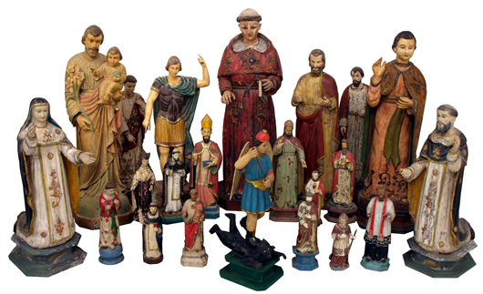 Examples from a selection of more than 40 antique French colonial religious statues from the Whit Hanks collection. Austin Auction Gallery image.
