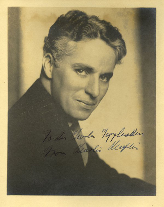 Each photo in the movie star album was not only autographed but also personally inscribed to the recipient, such as this picture of Charlie Chaplin. Image courtesy of LiveAuctioneers.com Archive and Profiles in History.