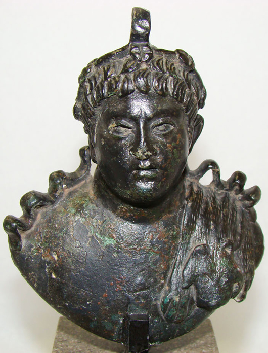 An exquisitely rendered bronze steelyard weight was cast in the likeness of Roman Emperor Nero, circa A.D. 100-300. The weight carries a $25,000-$35,000 estimate. Image courtesy of Malter Galleries Inc.