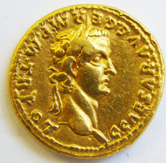 Portraits of Germanicus and the infamous Caligula appear on opposite sides of this gold aureas from the first century. The rare coin is estimated at  $25,000-$30,000. Image courtesy of Malter Galleries Inc.
