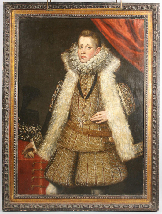 Continental School portrait of Philip IV of Spain, 18th-century or earlier canvas laid down on a 19th-century canvas, $4,313. Image courtesy of Case Antiques Inc.