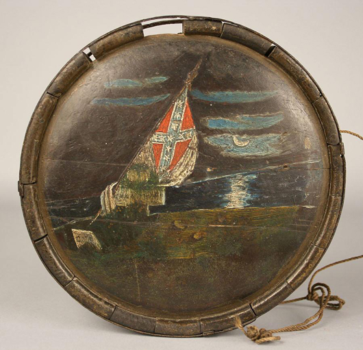 Confederate painted canteen attributed to soldier/artist Charles Moore, $1,362. Image courtesy of Case Antiques Inc.