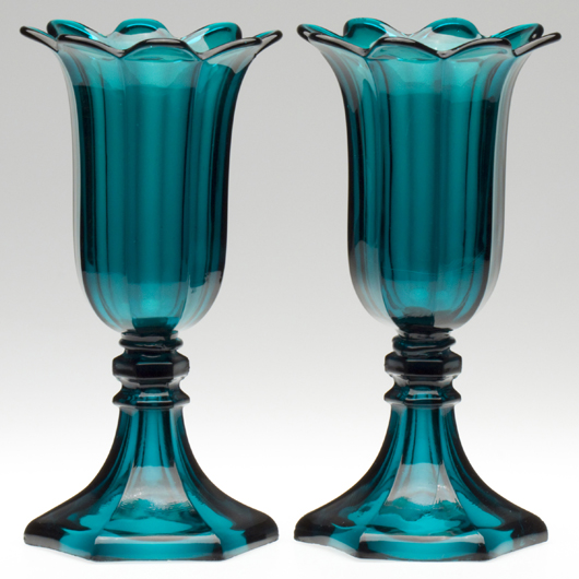 Pair of pressed Boston & Sandwich Glass Co. tulip vases, brilliant deep teal, circa 1845-1865, Mackle Collection, $14,950. Image courtesy Jeffrey S. Evans & Associates.