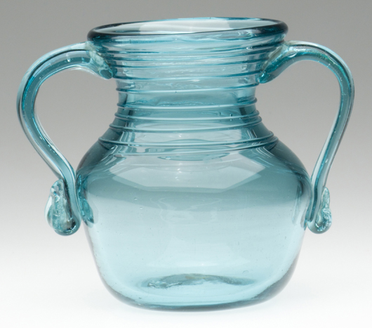 New York State free-blown and threaded vase or jar, deep blue green, circa 1845-1865, Mackle Collection, $8,625. Image courtesy Jeffrey S. Evans & Associates.