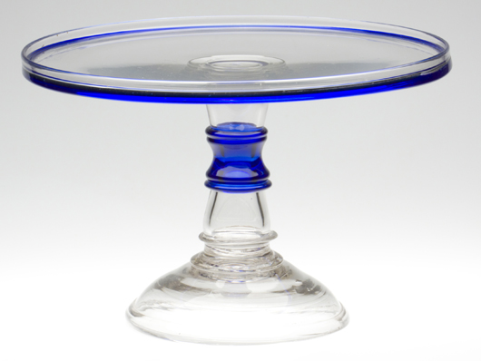Free-blown salver, or cake plate, with applied cobalt rim edge and collar, circa 1850-1875, attributed to Bakewell, Pears & Co., Pittsburgh, Mackle Collection, $6,325. Image courtesy Jeffrey S. Evans & Associates.