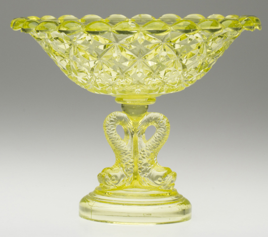 Unique Sandwich Star compote on Triple-Dolphin base in canary yellow, with crack to bowl, circa, 1850-1870, Mackle Collection, $6,325. Image courtesy Jeffrey S. Evans & Associates.