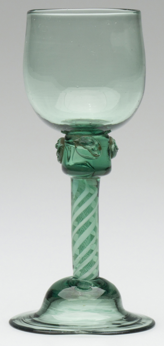 English free-blown enamel-twist stem wine glass, light green, circa 1750-1775, Eller Collection, $2,875. Image courtesy Jeffrey S. Evans & Associates.