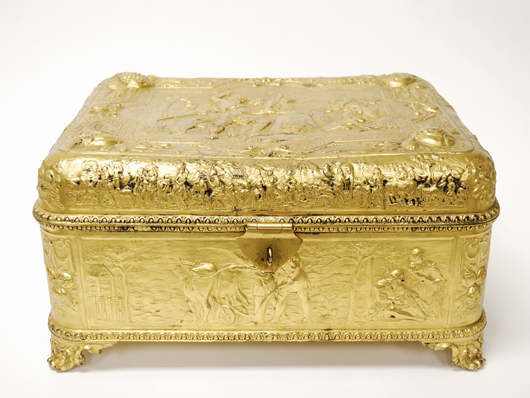 Gilded bronze hinged rectangular chest; lot 29, estimate: $2,500-$2,750. Image courtesy of Morton Kuehnert Auctioneers & Appraisers.