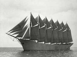 This extraordinary schooner - the Thomas W. Lawson - is reputed to be the only 7-masted schooner ever built. Crafted around 1902, it was lost on Dec. 12, 1914 at Hellweather's Reef near England's Scilly Isles. Sixteen of its 18 crew members died, and its sinking caused the first major case of marine oil pollution.