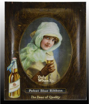 Pabst Blue Ribbon Beer was brewed for many years in Milwaukee. This tin advertising sign measures 24 inches by 20 inches. Image courtesy of Morphy Auctions and LiveAuctioneers archive.