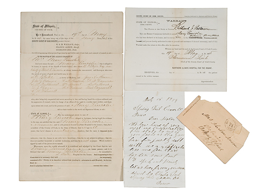 Archive of Mary Todd Lincoln's commitment papers to private asylum Bellevue Place, $37,600. Image courtesy Cowan’s Auctions.