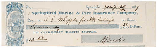 Abraham Lincoln-signed check, dated January 1859, $9,400. Image courtesy Cowan’s Auctions.