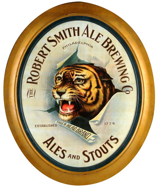 Robert Smith Ale Brewing Company oval tin sign, 23 inches long with stunning image of forward-leaping tiger, estimate $5,000-$7,000. Morphy Auctions image.