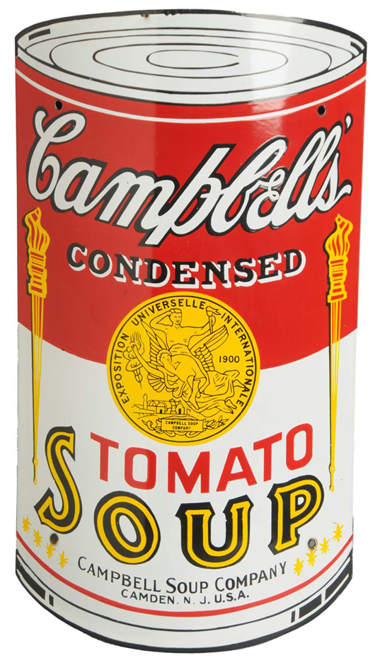 Curved porcelain Campbell’s Tomato Soup sign, 22½ by 12¼ inches, near mint plus, estimate $3,000-$5,000. Morphy Auctions image.