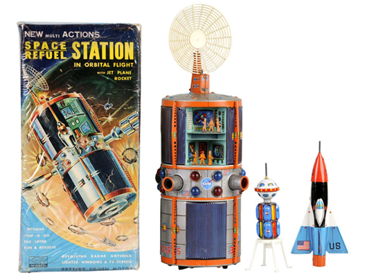 Tin Space Fuel Station battery-operated toy, Japanese, includes original rocket, antenna and box. Estimate $2,000-$4,000. Morphy Auctions image.